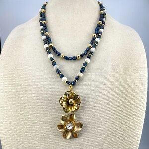 Artisan Handmade Crafted Blue Pearl Stone Beaded Flower Pendant Layered Necklace